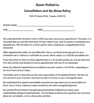 Cancellation and no show policy